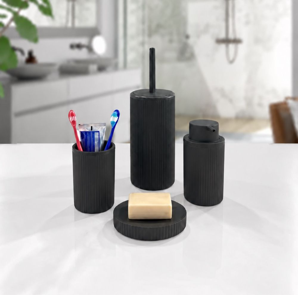 4 Parça Siyah Çizgili Yuvarlak 5'li Eco Banyo Seti, Tuvalet Fırçası Sabunluk Diş Fırçalık